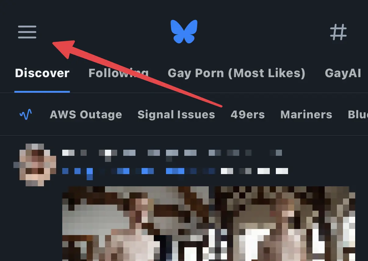 Screenshot of the Bluesky app home screen with an arrow pointing to the menu icon.