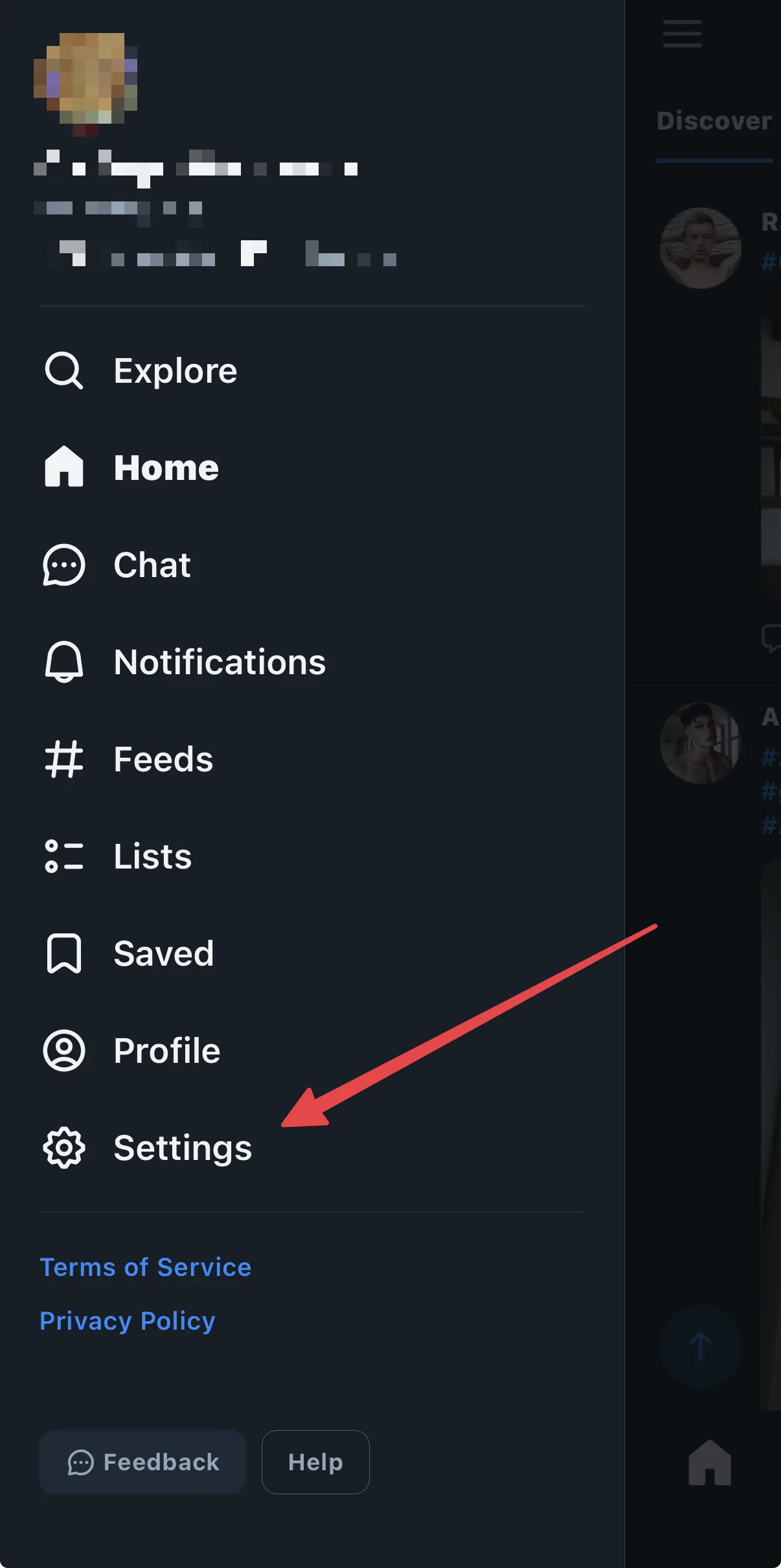 Screenshot of the Bluesky side menu with an arrow pointing to the Settings option.