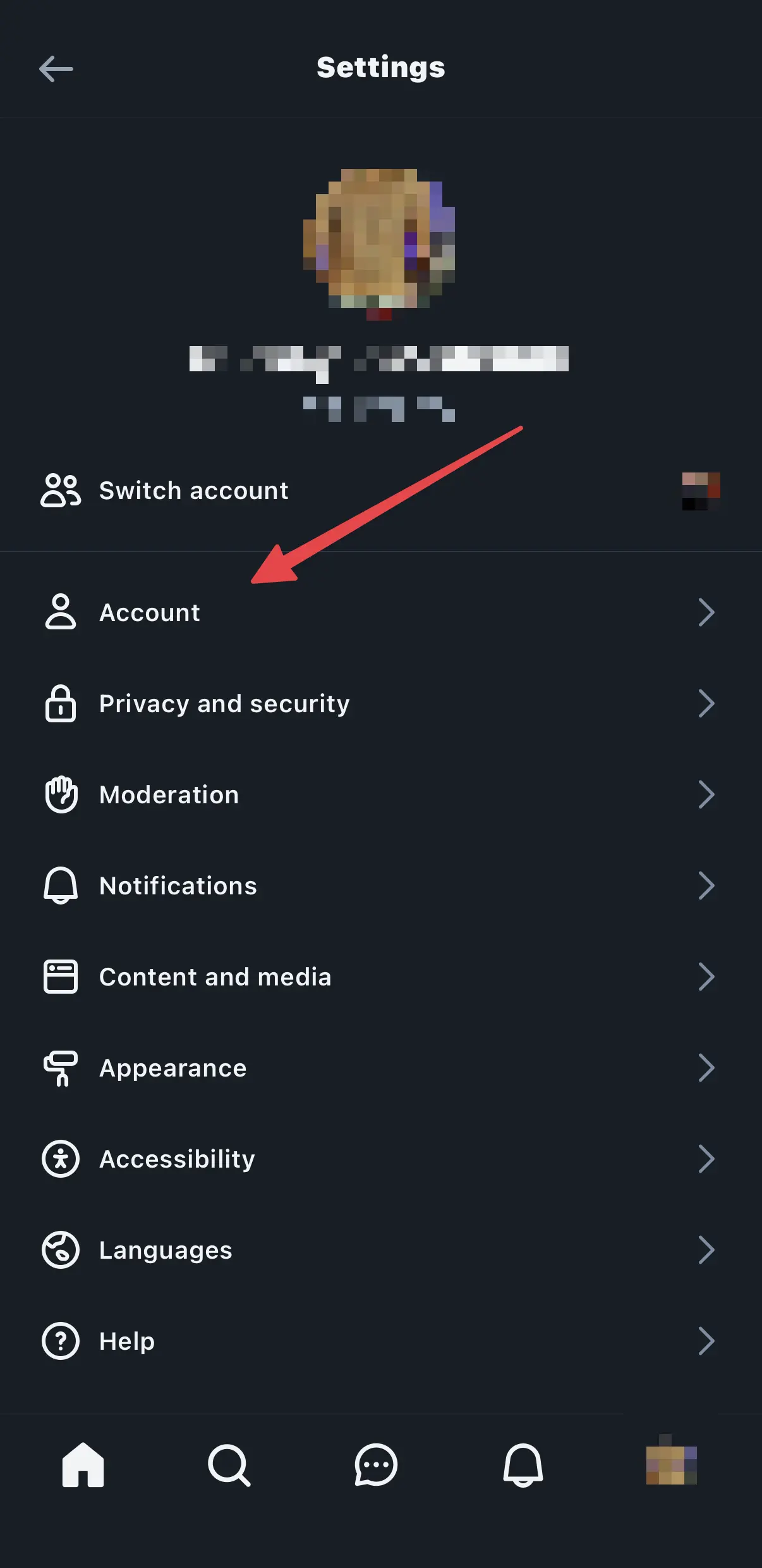 Screenshot of the Bluesky settings screen with an arrow pointing to the Account option.