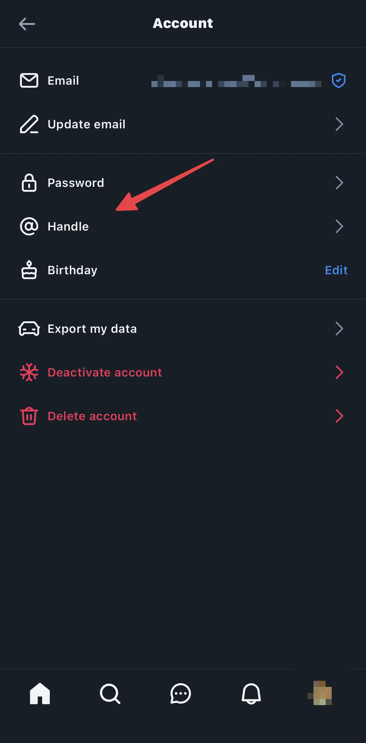 Screenshot of the Bluesky Account settings with an arrow pointing to the Handle option.